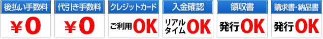 代引き手数料\0　リアルタイム入金確認　請求書発行OK　領収書発行OK　納品書発行OK